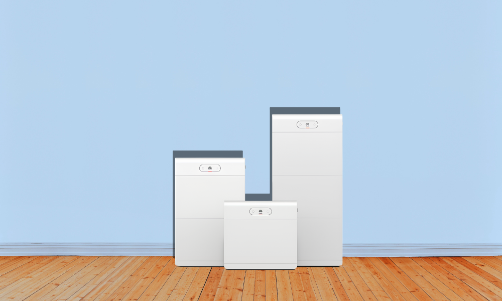 Modern white lithium battery storage unit with digital display mounted on wall in clean environment