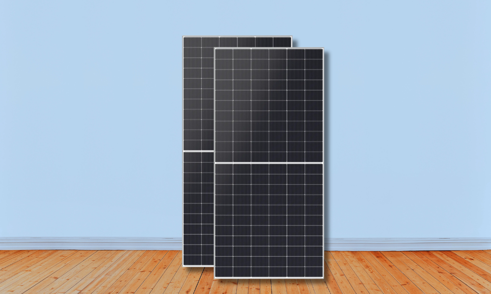 Close-up view of blue monocrystalline solar panel cells with metallic grid lines reflecting sunlight